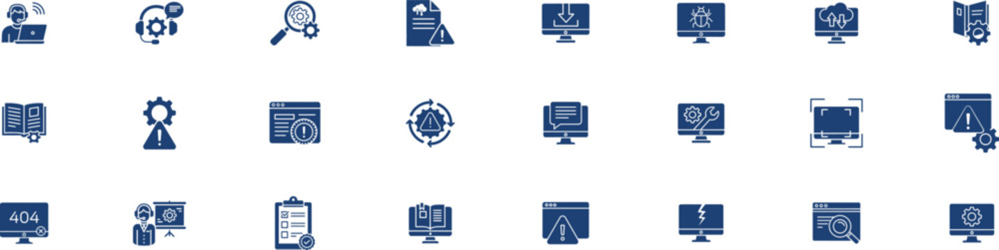 technology icons collection presenting computer monitors with software dashboards, customer service headsets, security shields, website debugging tools and system management.