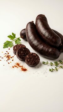 Dark blood sausage with herbs and spices on white background, traditional European cuisine ingredient for gourmet cooking and culinary presentations.