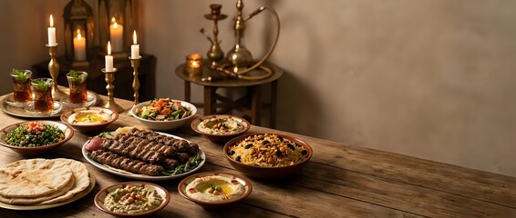 Fototapeta premium Traditional Middle Eastern feast spread on wooden table with candlelight ambiance featuring hummus, grilled meats, flatbread and authentic dishes for dining.