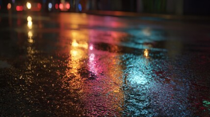Naklejka premium City Street After Rain at Night Reflecting Colorful Lights Creating a Wet and Atmospheric Urban Landscape