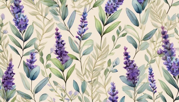 delicate watercolor lavender and eucalyptus sprigs repeat on a creamy background textile summer