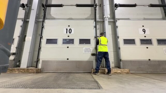 A warehouse worker in a high visibility vest walks to a control panel and opens industrial loading bay door number ten to reveal pink shrink wrapped pallets inside a trailer