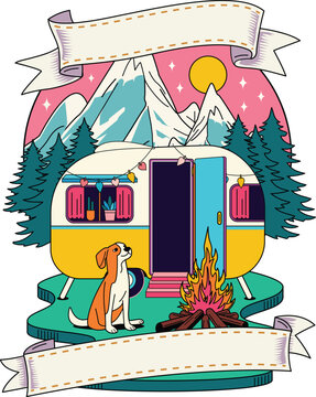 Camper Van Camping Illustration with Dog, Mountains and Campfire
