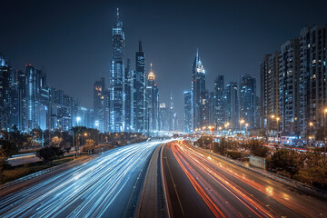 Obraz premium Nighttime city skyline with highway traffic light trails showing vibrant urban energy and modern skyscrapers illuminated against dark sky, capturing dynamic movement and city life