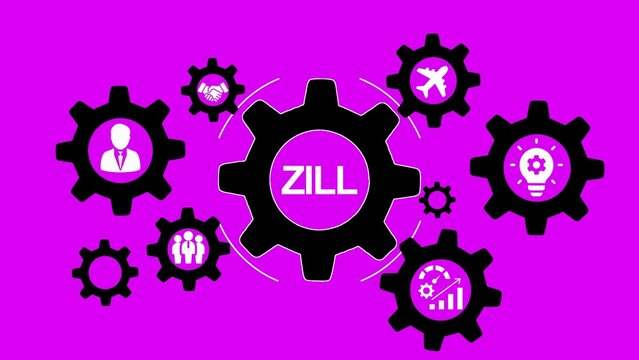 Central gear with the word ZIL surrounded by smaller gears with business icons on a vibrant purple background