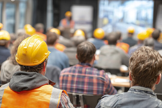 Construction worker safety training seminar with group of people wearing yellow helmet and orange vest attentively listening to instructor in industrial classroom setting