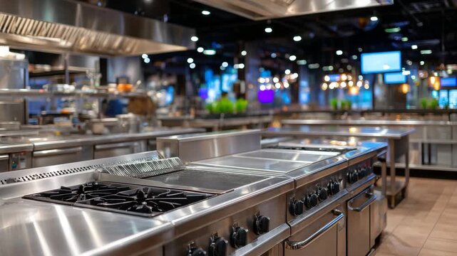 3Empty restaurant kitchen captured in an intimate close-up, stainless steel prep tables gleaming under soft overhead lights, professional gas burners and ovens resting in silence, f