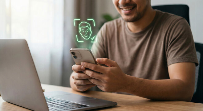 A smiling man at a desk with a laptop uses facial recognition on his smartphone. A glowing green holographic face icon with a checkmark appears, indicating successful biometric authentication