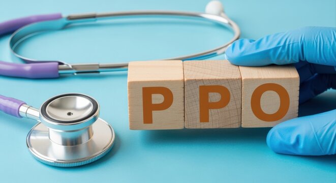 PPO Healthcare Concept: Medical Professional Holding Wooden Blocks Representing Preferred Provider Organization on Blue Background