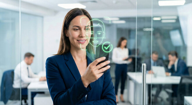 Businesswoman in a modern office uses facial recognition technology on her smartphone. A green biometric scan graphic and checkmark overlay her face as she looks at the phone