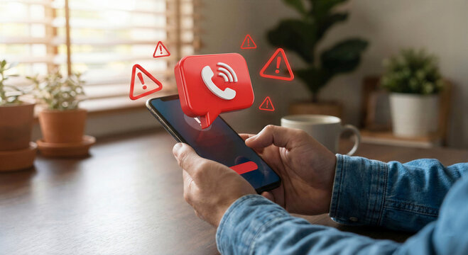 Hands holding smartphone displaying red spam call and scam warning alerts with exclamation marks and a phone icon