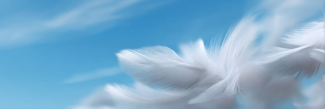 Soft white feathers in motion against a clear blue sky