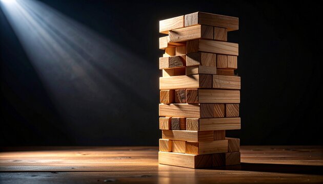 Wooden block tower arranged in Jenga style symbolizing balance tension and strategic gameplay