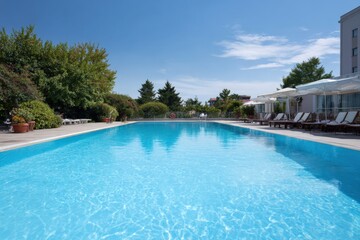 Obraz premium Clear blue outdoor swimming pool with lounge chairs on a sunny day