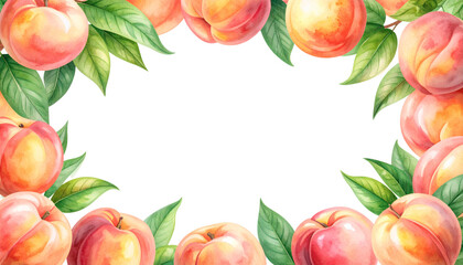 桃の水彩手描きフレーム ピーチと葉っぱのやさしいコピースペース背景素材