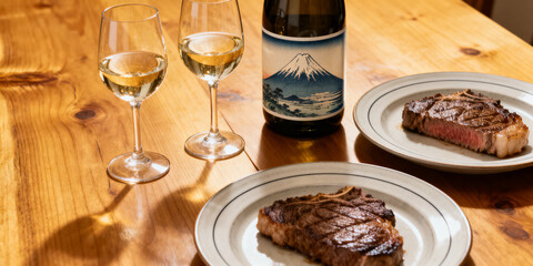 Steak and two wine glasses of sake