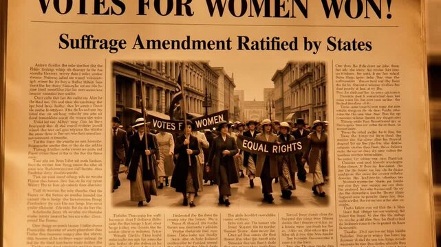 Vintage newspaper headline reads VOTES FOR WOMEN WON Suffrage Amendment Ratified by States with image of women marching for rights