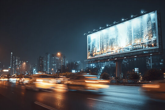 Night city street with blurred moving cars and illuminated billboard showing urban skyscraper scene, creating dynamic and vibrant atmosphere in busy metropolitan area