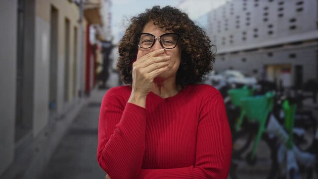 Woman with curly hair wearing glasses covering mouth with hand on street next to bicycles; happiness.