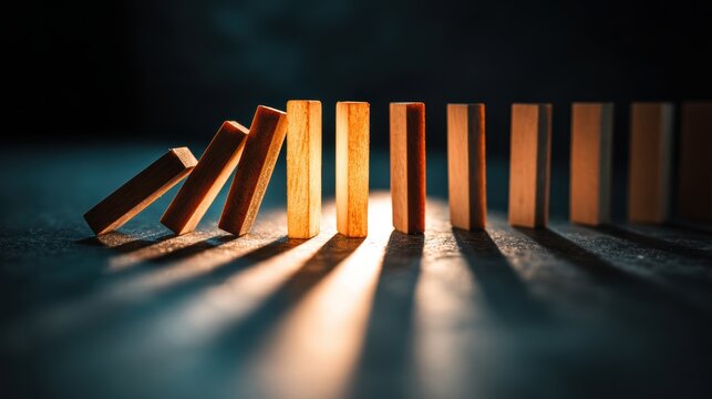 Falling wooden dominoes casting dramatic long shadows across a dark tabletop with warm light