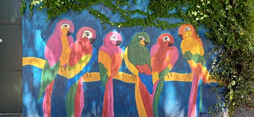 Farbenfrohes Streetart-Wandbild mit einer Reihe bunter Papageien auf blauem Hintergrund mit natürlichem Efeu-Bewuchs © Nico Ladewig