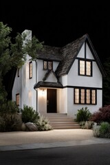 Charming tudor-style home at night with illuminated windows and lush garden