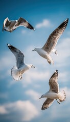 Fototapeta premium Seagulls Soaring Freely in a Clear Blue Sky: A Captivating Vertical Composition of Birds in Flight