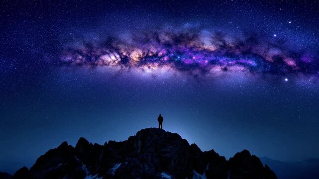 Silhouette stands on a mountain peak viewing the vast vibrant Milky Way under a dark night sky