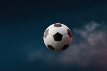 Naklejka premium Dramatic soccer ball mid-air against dark sky backdrop