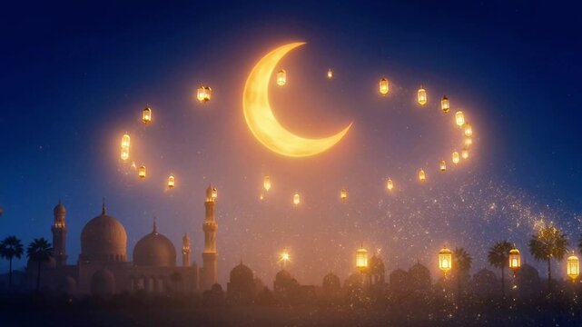 Stylized crescent moon orbits above Arabian city silhouette and mosques with floating glowing lanterns