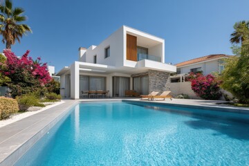 Fototapeta premium Modern luxury villa with pool surrounded by lush garden and blue sky