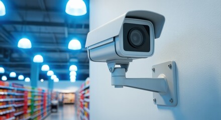 Security camera mounted on a wall in a commercial setting, ensuring safety and surveillance