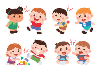 Fototapeta premium Kids Fighting and Bullying Cartoon Set Vector