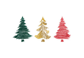 Obraz premium Cute hand-drawn Christmas tree collection isolated on black background. Colorful festive trees decorated with stars, ornaments, lights, and playful patterns in a cartoon doodle style