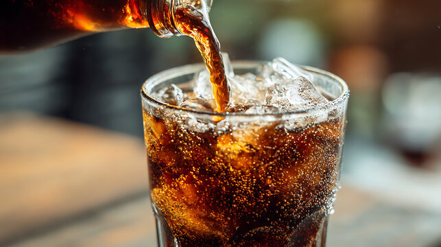 A close-up view of a diet drink being poured into a glass