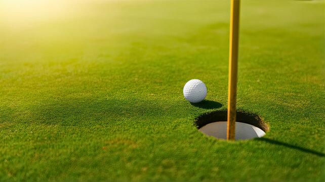 Golden hour sunlight illuminates a golf ball near the hole on a pristine green, capturing the essence of the game and recreational sport