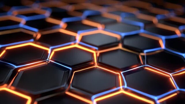 45High-tech black hexagon grid background with layered extrusions and sharp geometric precision, neon blue inner glow combined with fiery orange accent lighting, smooth gradients and