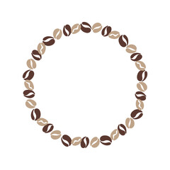 Obraz premium Round Coffee Bean Frame Border, Brown Roasted Beans Circle with Copy Space Isolated on White Background, Flat Vector Illustration for Packaging, Label and Coffee Shop Branding