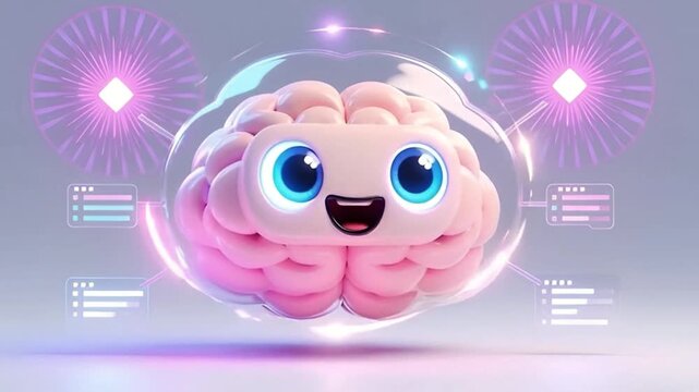 Cute 3D cartoon brain character with big blue eyes smiling inside a glowing bubble with data icons