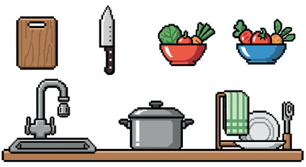 Retro pixel art kitchen elements with vegetables, utensils, and accessories