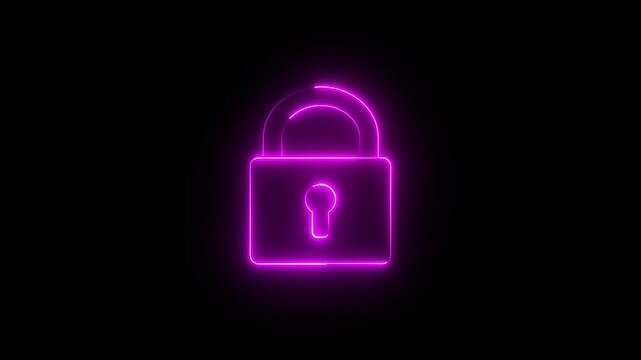 Neon security sign icon animation glowing pink color lock encryption privacy protection technology safety icon on black background