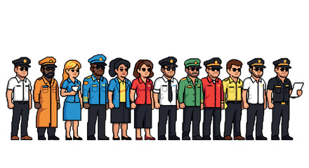Obraz premium Diverse group of police officers in pixel art style uniforms