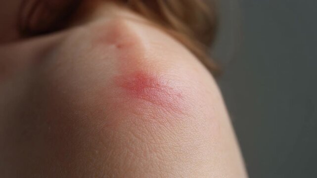 Extreme close up macro shot focusing sharply on a small, inflamed, red, and irritated skin reaction area located prominently on the upper shoulder of a fair skinned