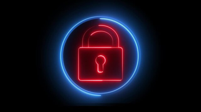 Neon security sign icon animation glowing red and blue color lock encryption privacy protection technology safety icon on black background