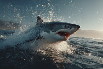 Great white shark breaching ocean water with open mouth showing sharp teeth in dynamic action scene with splashing waves and distant horizon under clear sky