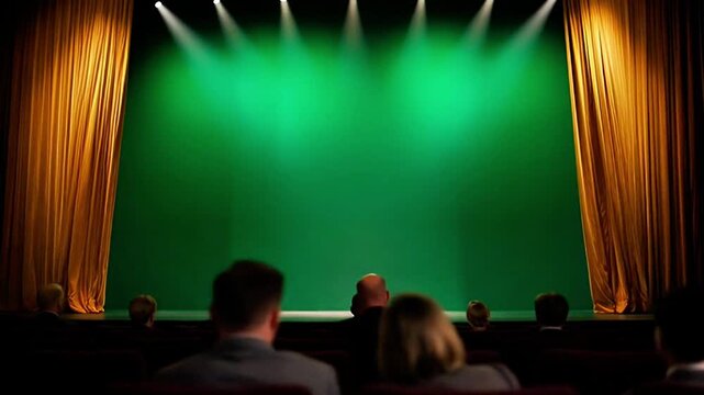Theatrical gold curtain opener slowly reveals a brightly lit green screen stage to an audience Great for presentations or shows