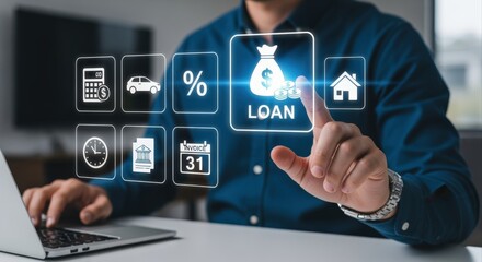 Fototapeta premium Online Loan Application Concept: Man Selecting Loan Option on Virtual Interface with Icons