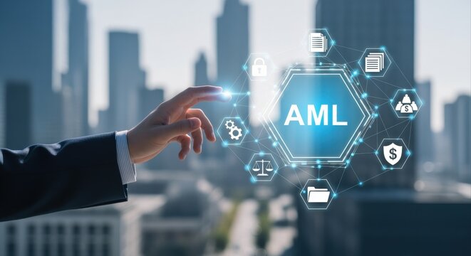 Anti-Money Laundering (AML) Compliance Concept: Businessman activating digital interface on a cityscape background