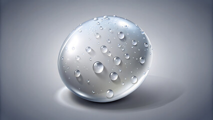 A single, large, perfectly round water droplet sits on a clean, grey surface, showcasing its transparent purity and reflective qualities.