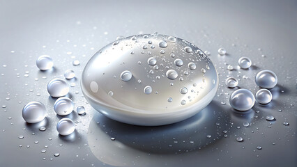 A large, smooth, oval-shaped object covered in many small, sparkling water droplets, resting on a metallic grey surface.